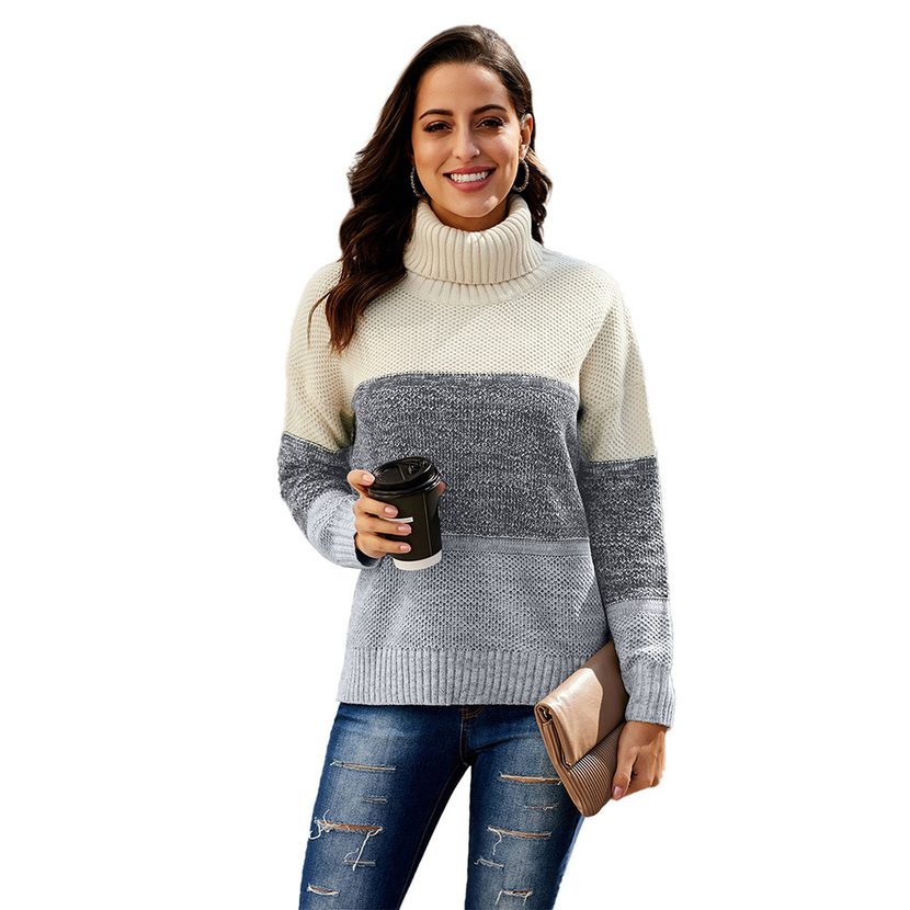 Womens Turtleneck Sweater Winter Collection European Style Color Block Design Long Sleeve Knit T