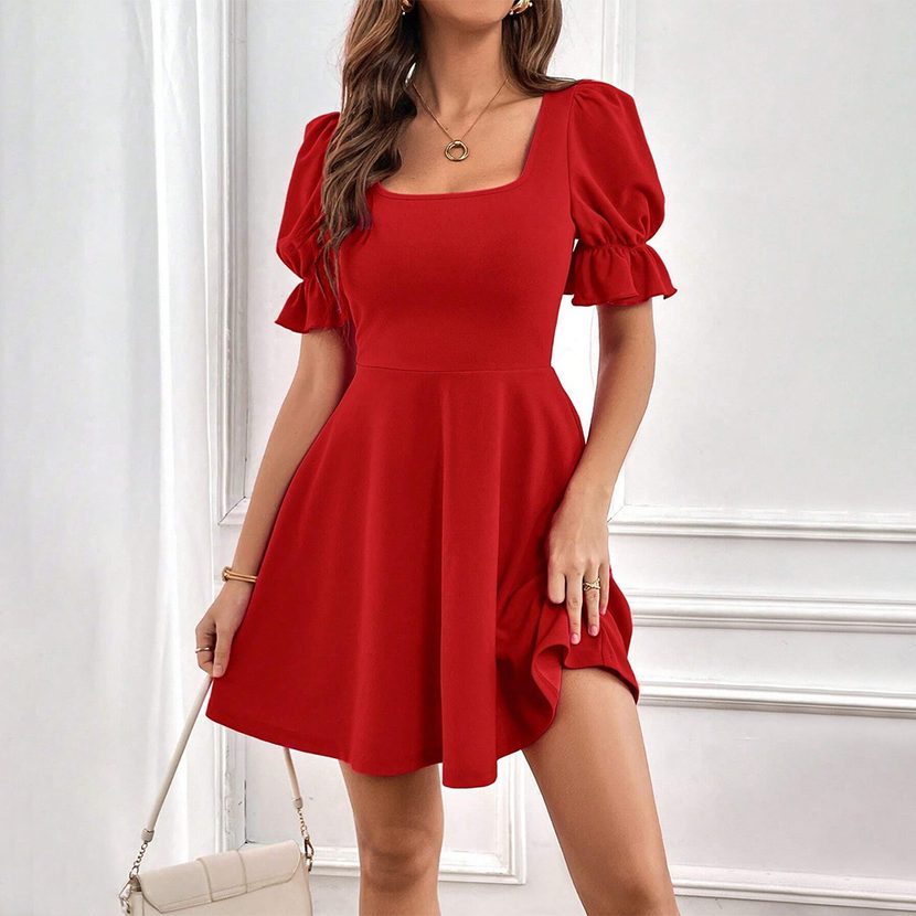 Red Short Sleeve Square Neck Dress Slim Fit Solid Color Elegant Style Spring Summer Collection W