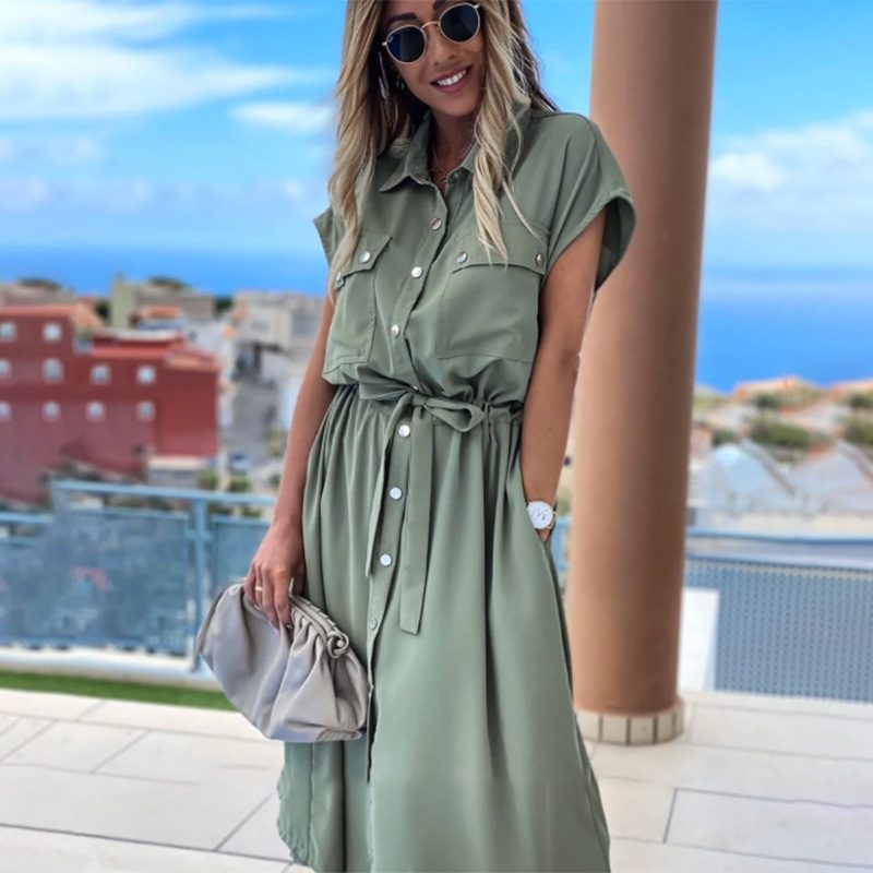 Womens Summer Dress Short Sleeve Lapel Collar Solid Color Belted Casual Wear ready to ship