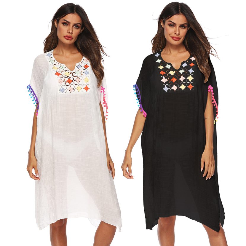 Loose Fit Crochet Lace Trim Tassel Beach Cover Up Dress Lightweight Bohemian Style Summer Wear W