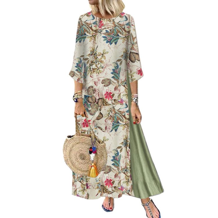 Fashionable Womens Dress Short Sleeve Round Neck Cotton Linen Blend Floral Print Casual Wear