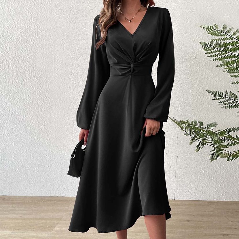 French Style V Neck Midi Dress Elegant A Line Silhouette High Waist Autumn Winter Fashion Wholes