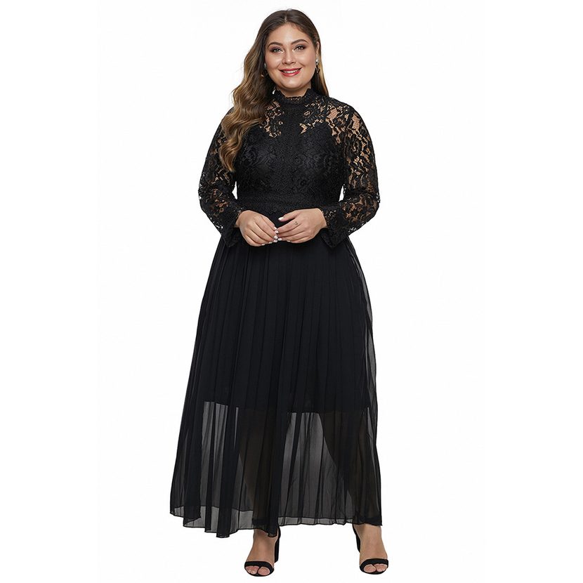 Plus Size Lace Hollow Out High Neck Long Sleeve Dress for Autumn Spring Wholesale fast shipping ready to ship