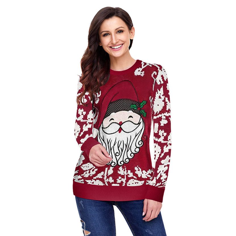 Womens Christmas Sweater European Style Reindeer Print Round Neck Long Sleeve Winter Fashion Who