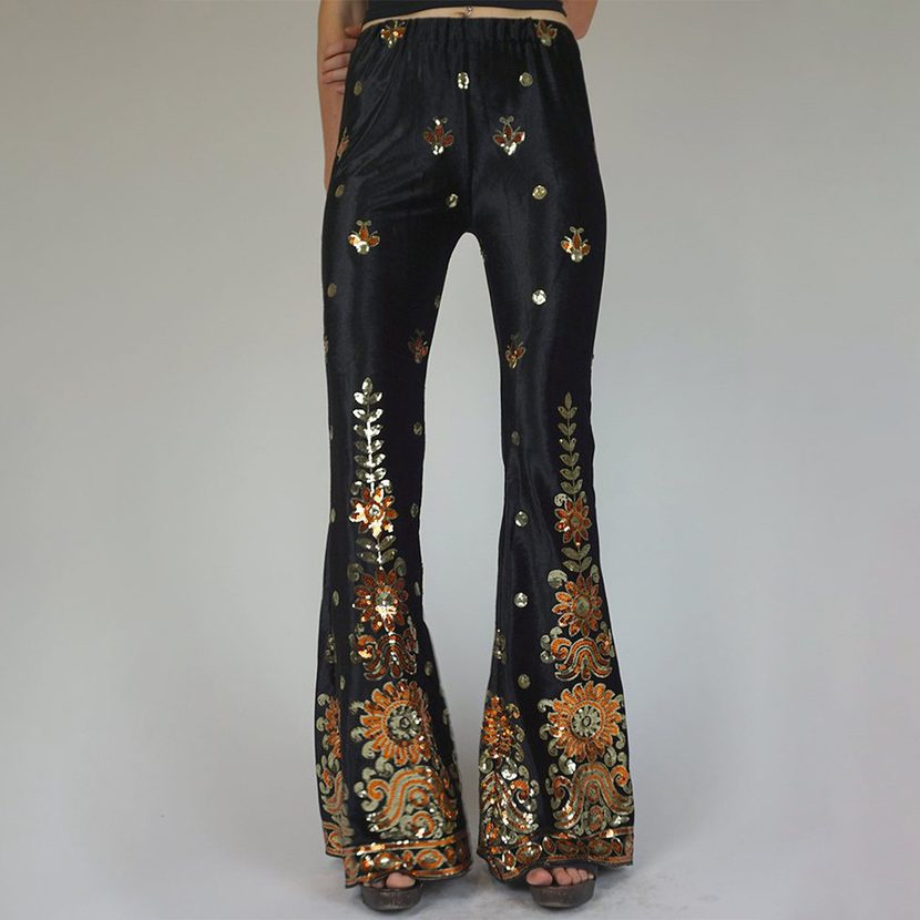 Velvet Wide Leg Pants for Women High Waist Sequined Embroidery Vintage Style for Casual Wear