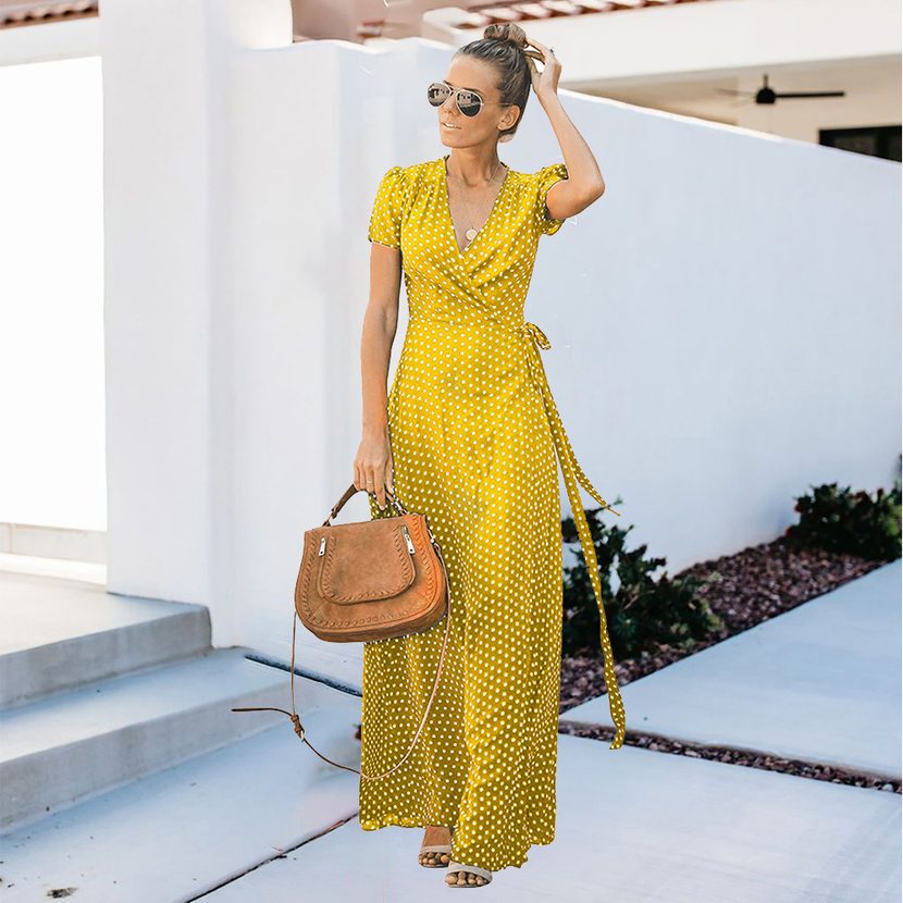 Womens Summer Dress Short Sleeve Deep V Neck Polka Dot Maxi Casual Wear low MOQ