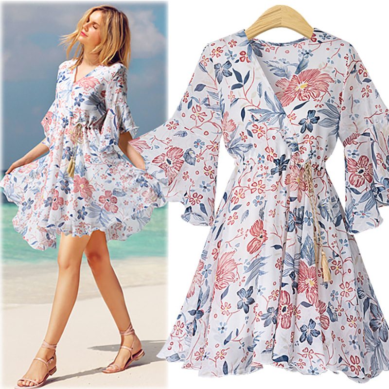 Plus Size Chiffon Floral Dress Loose Fit V Neck Waist Cinching Casual Wear for Petite Women Read