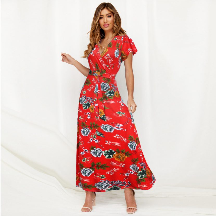 Bohemian Floral Maxi Dress for Women V Neck Tie Detail Lightweight Summer Fabric