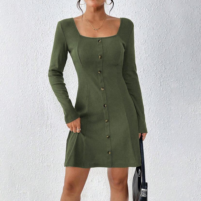 Elegant Womens Dress Minimalist Style Square Neckline Short Length Autumn Winter Fashion Wholesa