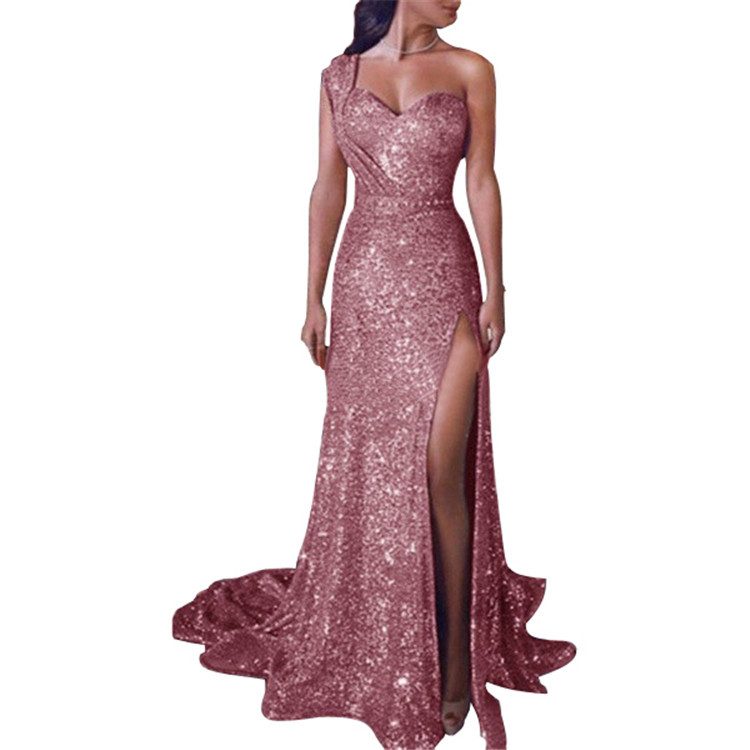 Gold One Shoulder Sleeveless Maxi Dress with Slit for Women Wholesale Elegant Evening Wear Available in Multiple Sizes