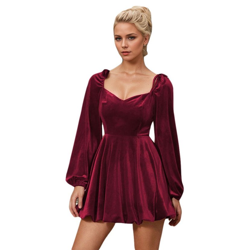 Womens Burgundy High Waisted Dress French Style Autumn Winter Velvet Fabric Party Gathering Whol