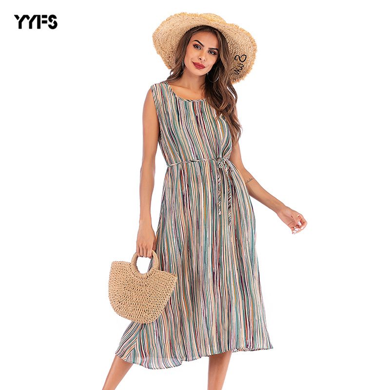 Sleeveless Round Neck Colorful Striped Print Dress Summer Fashion Casual Style Comfortable Fit W