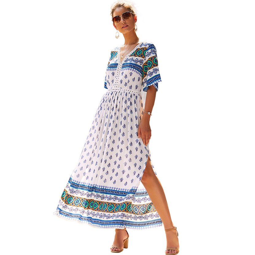 Bohemian Floral Print Dress for Women V Neck Short Sleeve Autumn Casual Wear