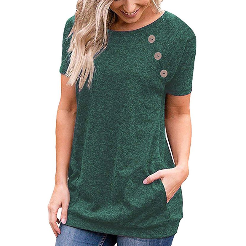 Womens Short Sleeve T Shirt Round Neck Pocket Button Design Casual Style Available in Multiple Sizes Wholesale
