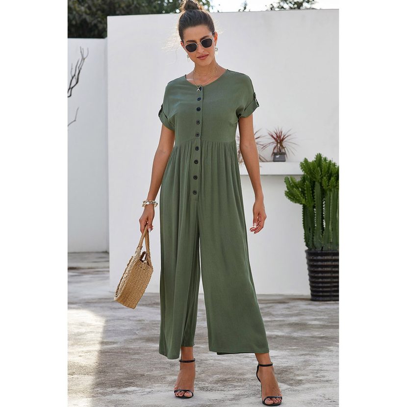 Womens Summer Jumpsuit Loose Fit High Waist Short Sleeve Button Design Casual Wear