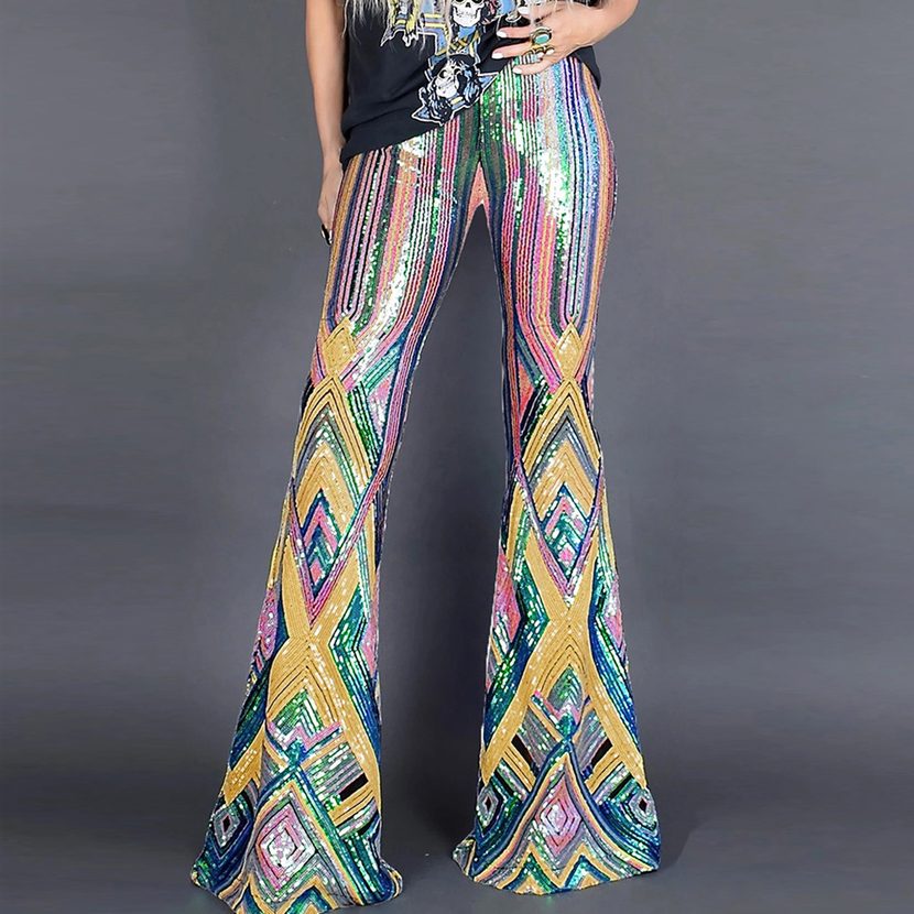 High Waist Bell Bottom Pants Multi Color Geometric Sequins Casual Spring Autumn Wear