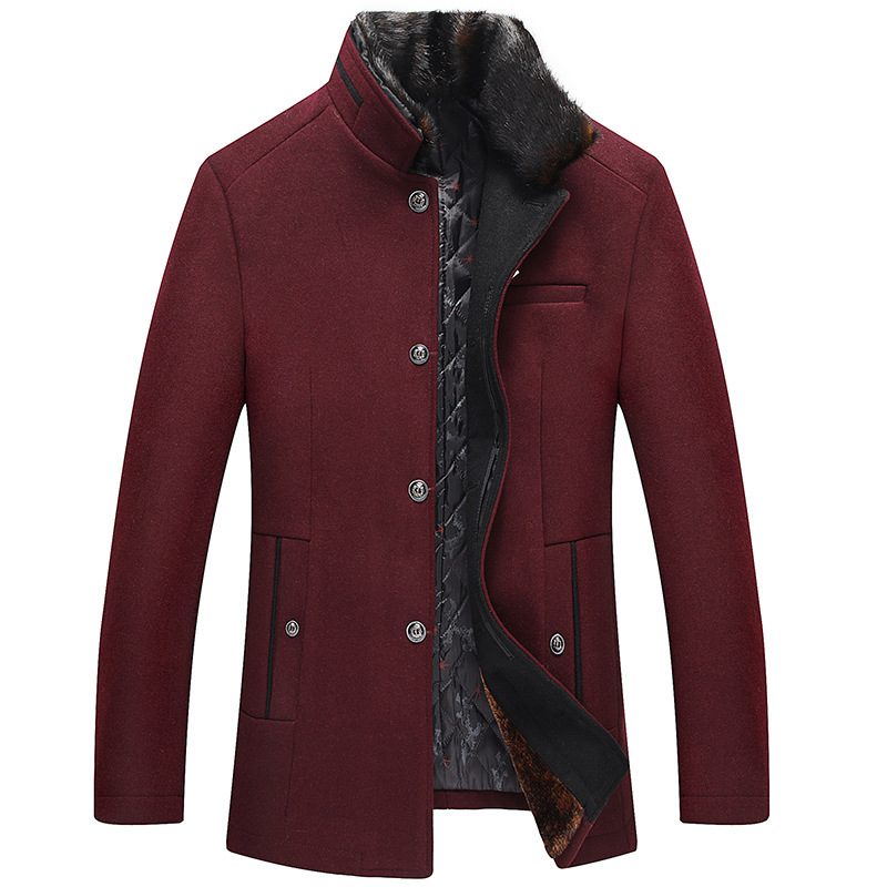 Mens Wool Blend Overcoat Thickened Fleece Lined Slim Fit with Fur Collar Casual Autumn Winter We