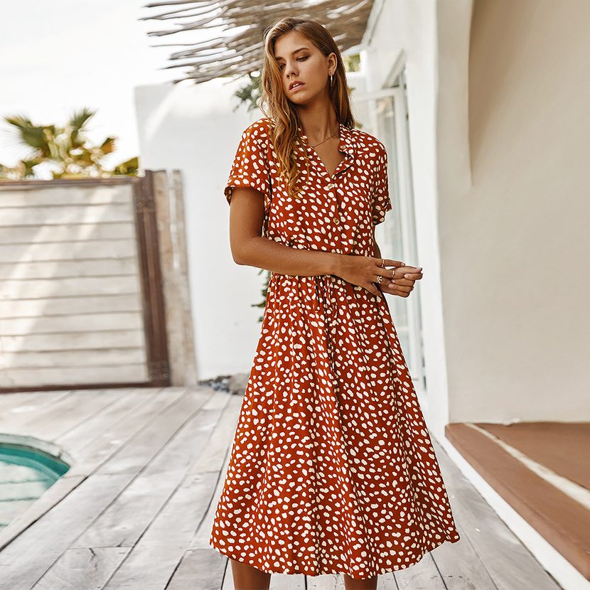 Polka Dot Short Sleeve Dress for Women Summer Fashion Casual Wear fast shipping