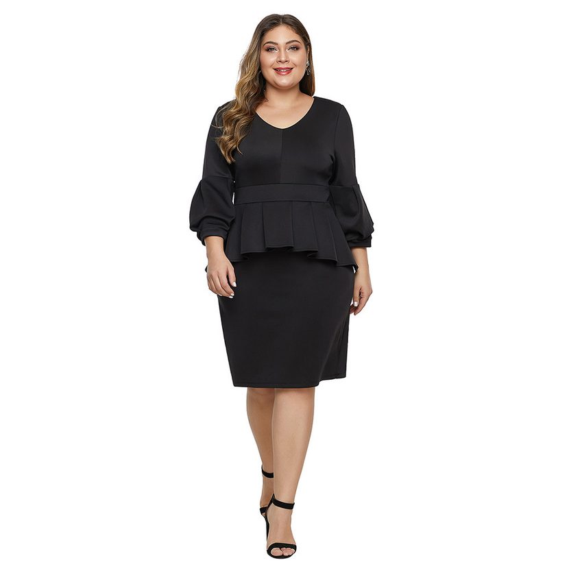 Plus Size Womens Dress Round Neck Flare Sleeve Ruffle Hem Bodycon Elegant Evening Wear