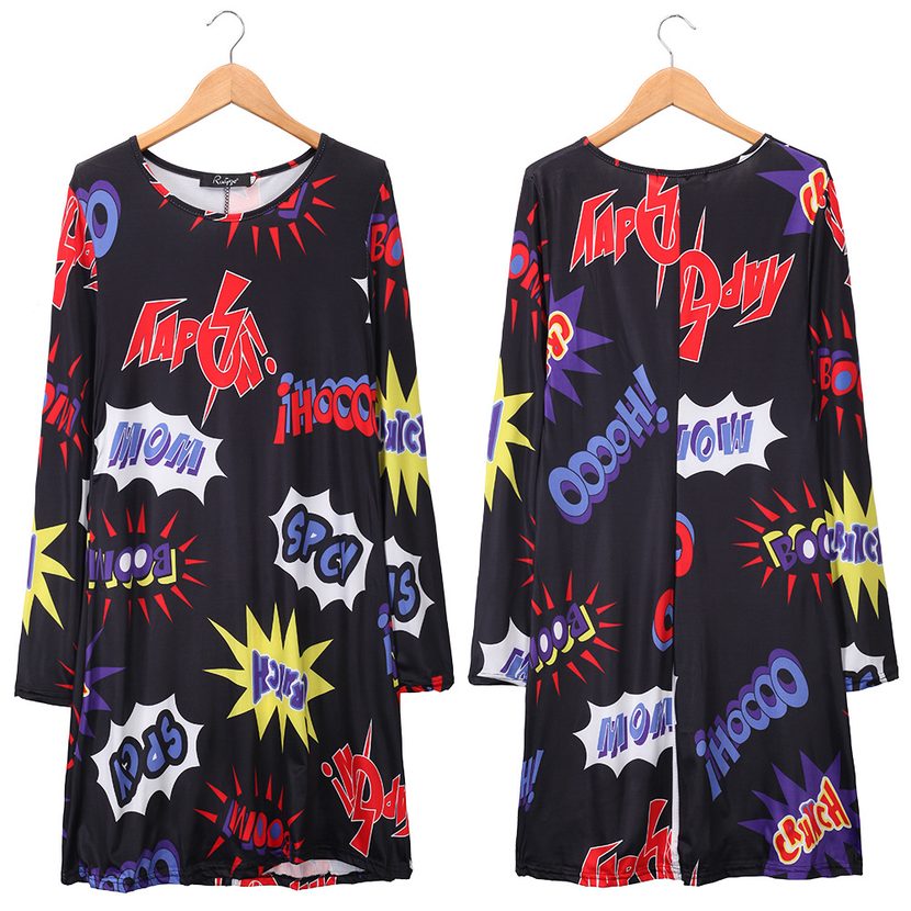Christmas Cartoon Print Dress for Women Long Sleeve Round Neck Seasonal Holiday Wear