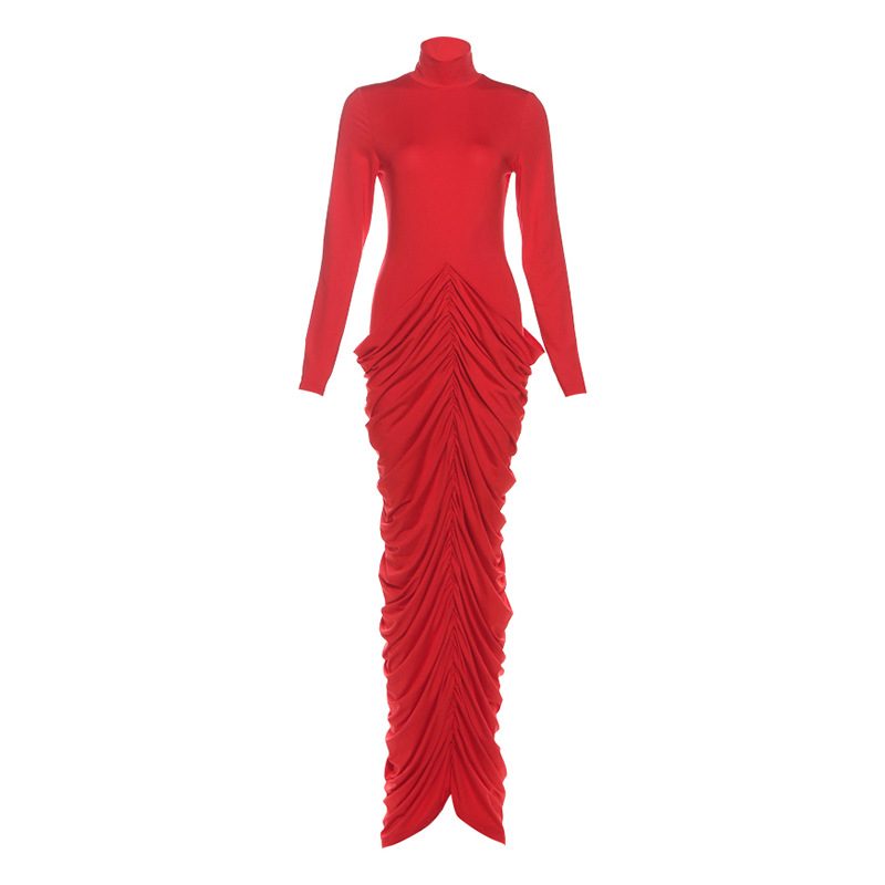 Fashionable Womens Long Sleeve Bodycon Dress Pleated Design Sexy Open Back Slim Fit Autumn Winte