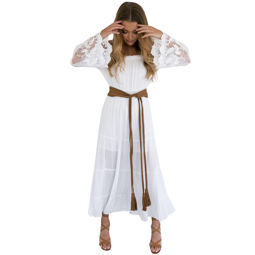 Embroidered Lace Sheer Dress Off Shoulder Bell Sleeves Elegant Style Perfect for Parties and Spe