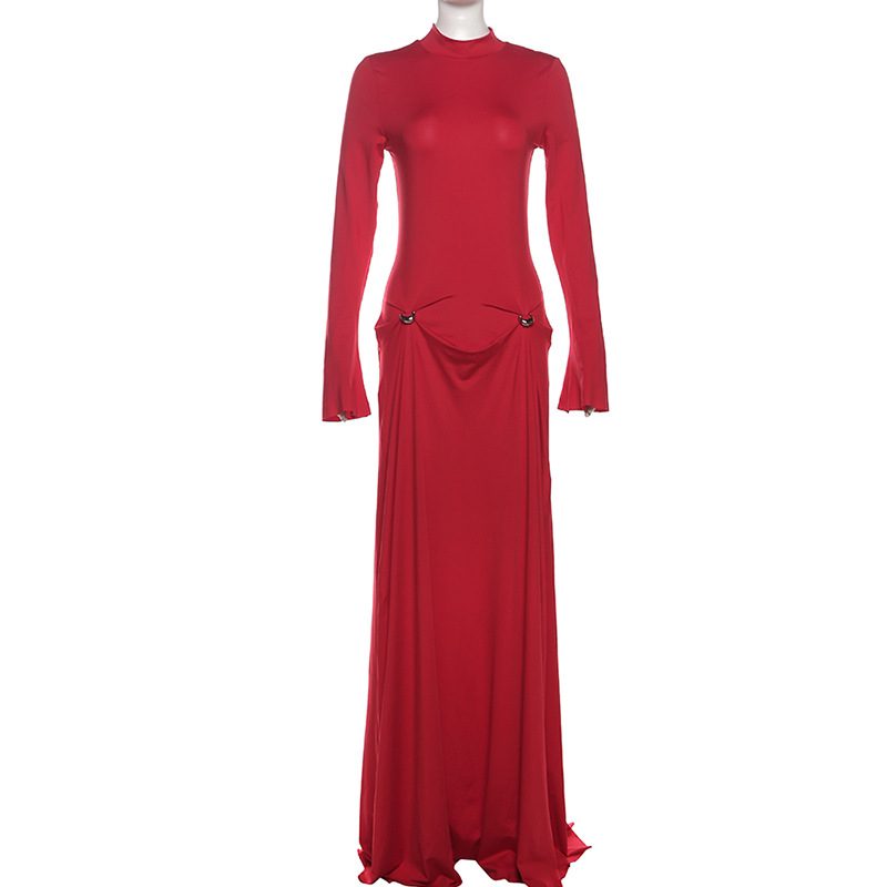 Elegant Womens Long Sleeve Maxi Dress Slim Fit Solid Color High Quality Fabric Winter Fashion fo