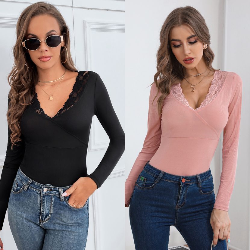 Womens Long Sleeve T Shirt V Neck Lace Panel Slim Fit Autumn Casual Wear factory direct