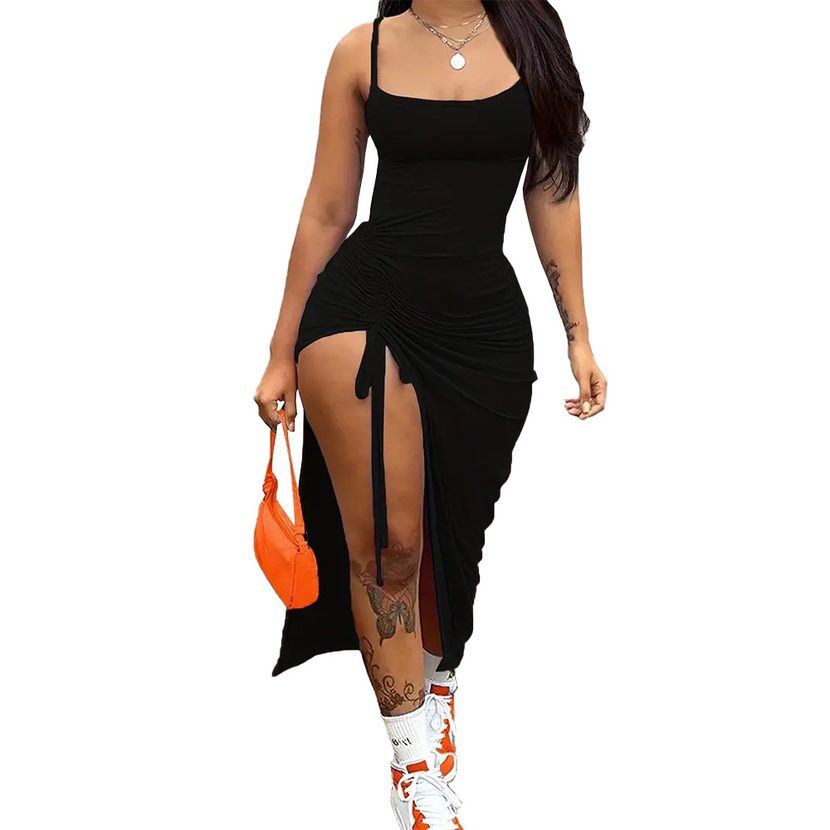 Sexy Ruched Drawstring Midi Dress with Side Slits Elegant Design Adjustable Fit Perfect for Part