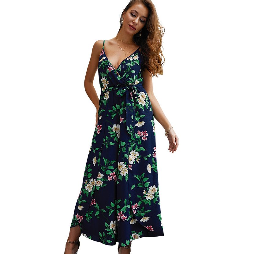 V Neck Floral Print Jumpsuit Summer Style Sleeveless Split Design Perfect for Casual Outings OEM