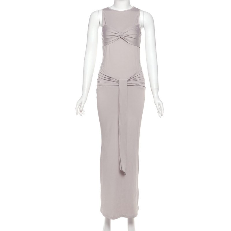 Elegant Womens Sleeveless Dress Solid Color Round Neck Tie Detail Slim Fit Winter Fashion Wholes
