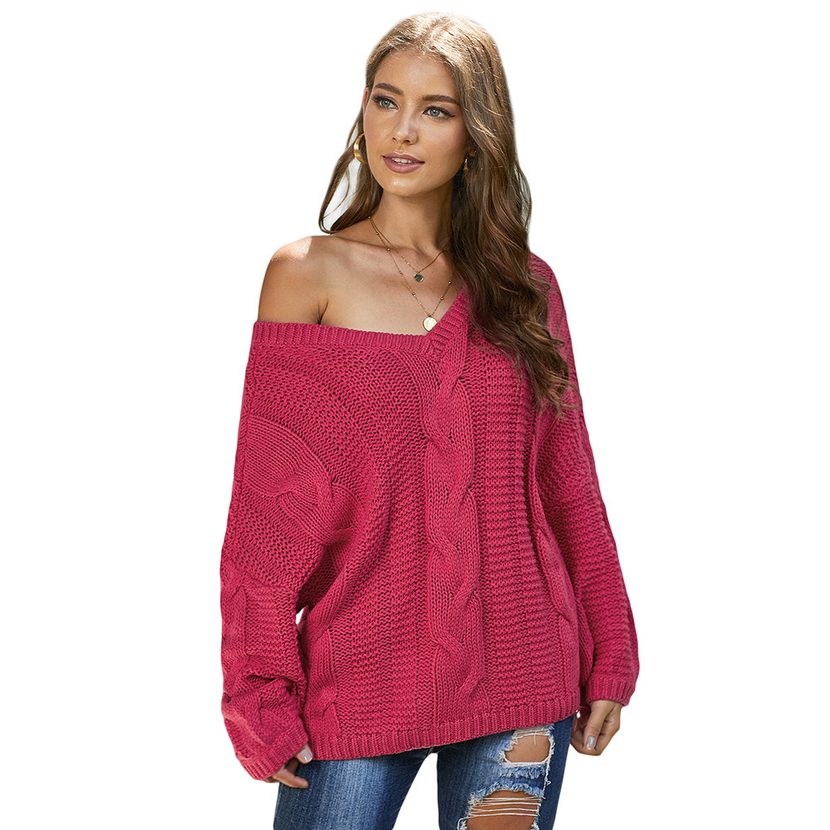 Womens Winter V Neck Sweater Long Sleeve Loose Fit Solid Color Chunky Knit Casual Wear Wholesale Available
