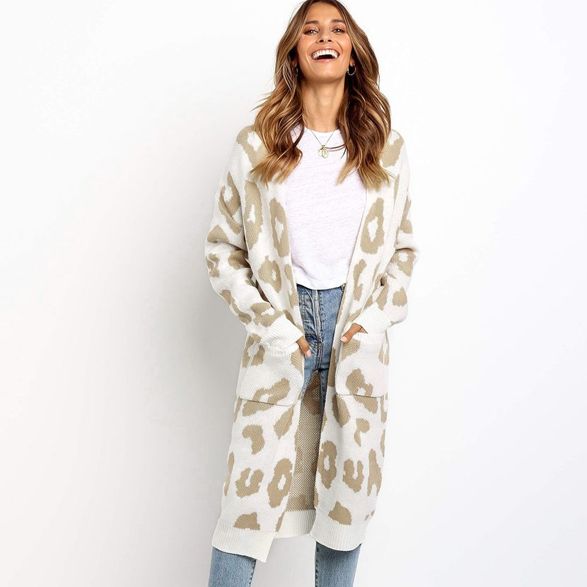 Long Sleeve Knitted Cardigan Mid Length Leopard Print Cozy Fabric Fall Winter Fashion for Women Wholesale Availa