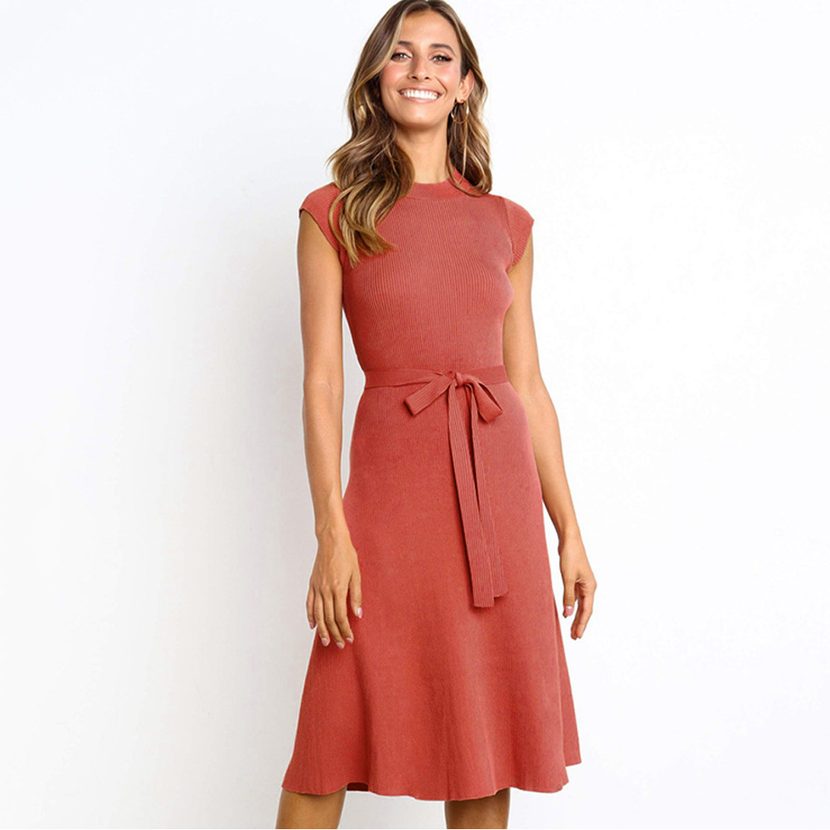 A Line Dress for Women Solid Color High Waist Short Sleeve Round Neck Spring and Summer Wear