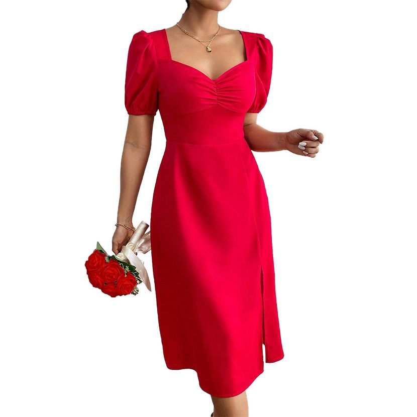Red A Line Dress with Square Neck Ruffled Bust and Puff Sleeves Trendy for Parties and Events Wh
