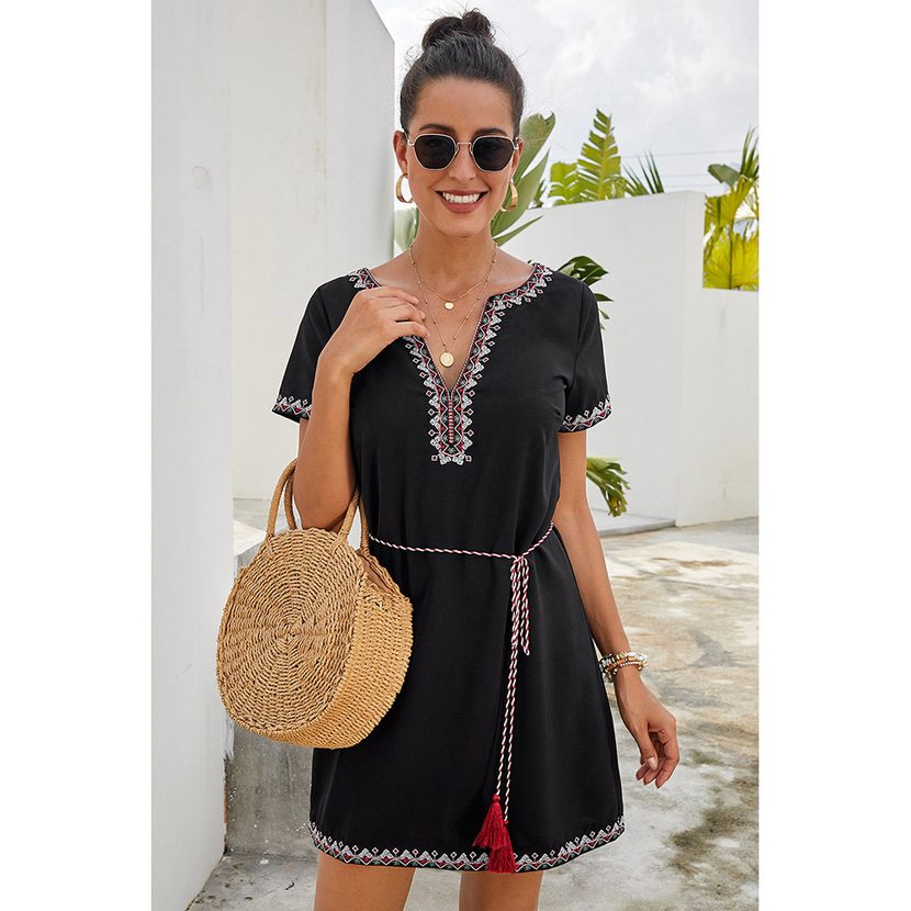 Embroidered V Neck Short Sleeve Loose Fit Mini Dress for Summer Casual Wear Wholesale fast shipping OEM ODM service