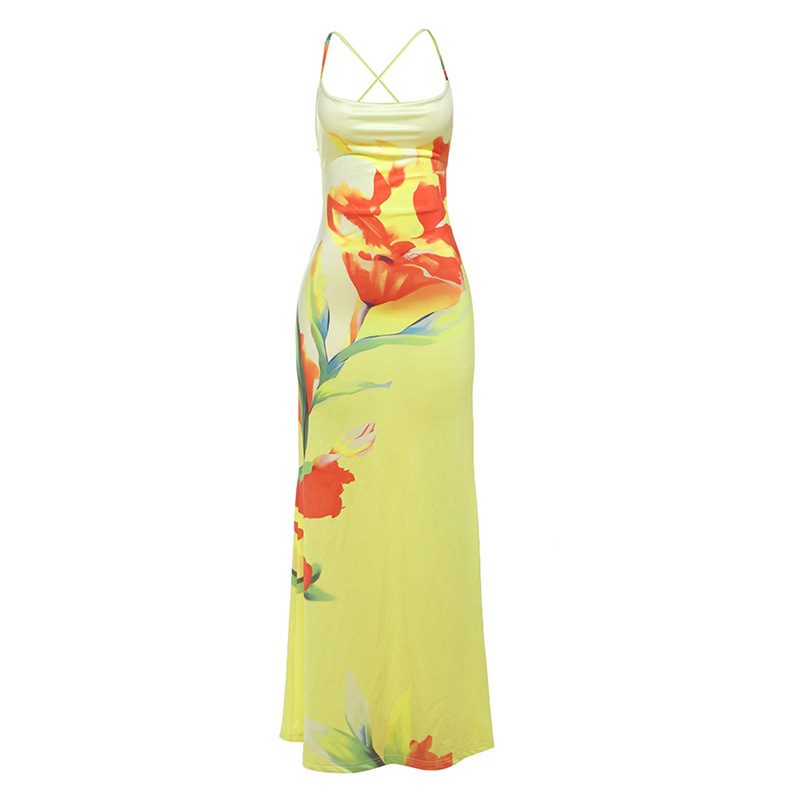 Elegant Womens Summer Dress Color Block Floral Print Halter Neck Bodycon Fit Maxi Length Perfect