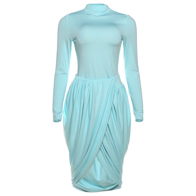 Fashionable Womens Long Sleeve Bodycon Dress Color Block Ruffled Split Hem Elegant Style Perfect