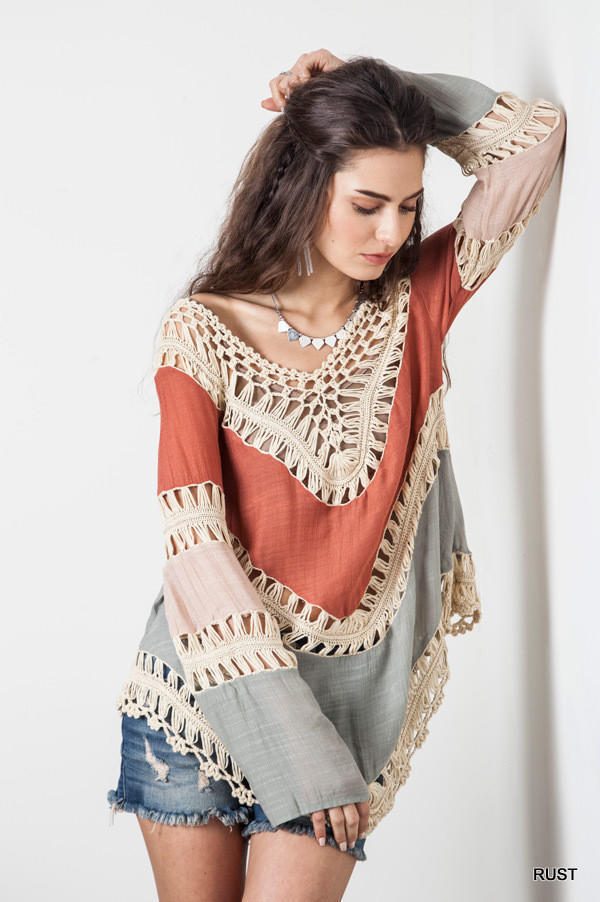 Bohemian Beach Cover Up Sexy Hollow Out Loose Fit Color Block Design Perfect for Summer Vacation