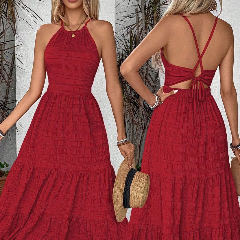 Vintage Red Halter Maxi Dress High Waist Backless Summer Style Womens Fashion Wholesale ready to