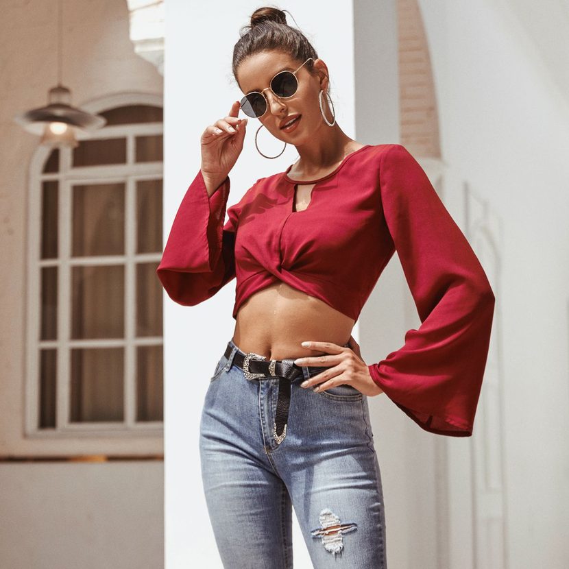 Womens Flare Sleeve Round Neck T Shirt Elegant Design Comfortable Fabric Versatile Style Perfect