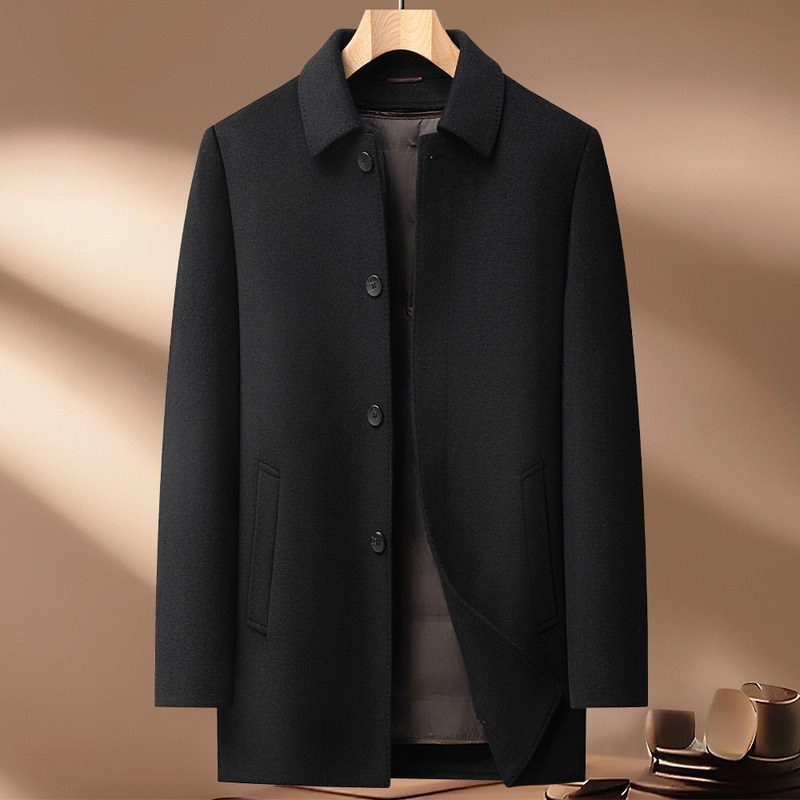 Mens Wool Jacket Thick Double Sided Fabric Stand Collar Insulated with Down Lining Autumn Winter
