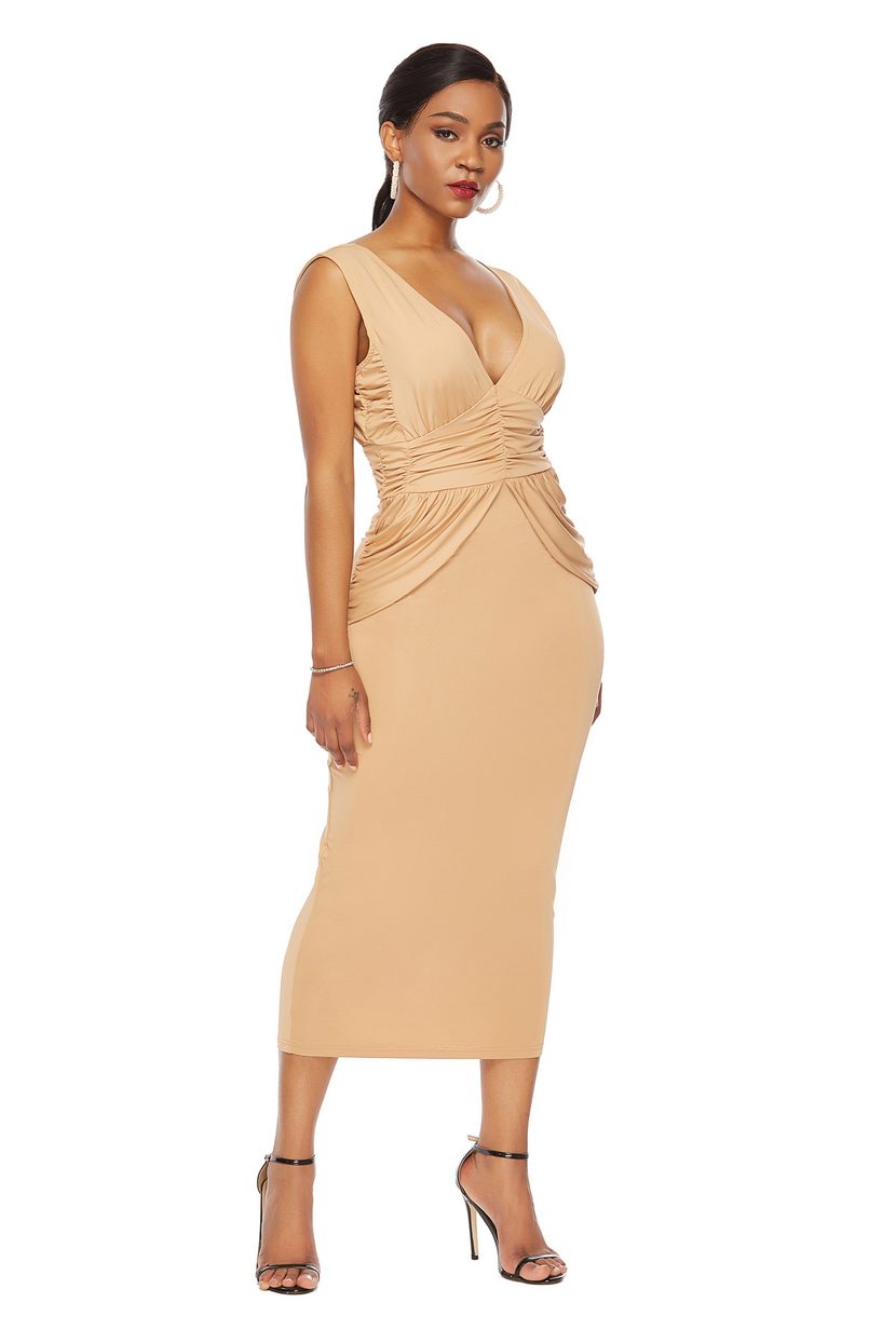 Backless Bodycon Dress Deep V Neckline Pleated Waist Design Nightclub Wear