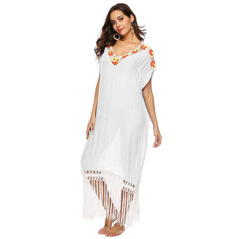 Bohemian Crochet Patchwork Maxi Dress Loose Fit Short Sleeve V Neck Tassel Detail Beachwear for