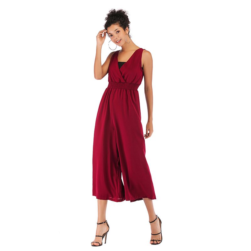 Womens Solid Color V Neck Jumpsuit Wrap Waist Adjustable Straps Wide Leg Three Quarter Length Ca