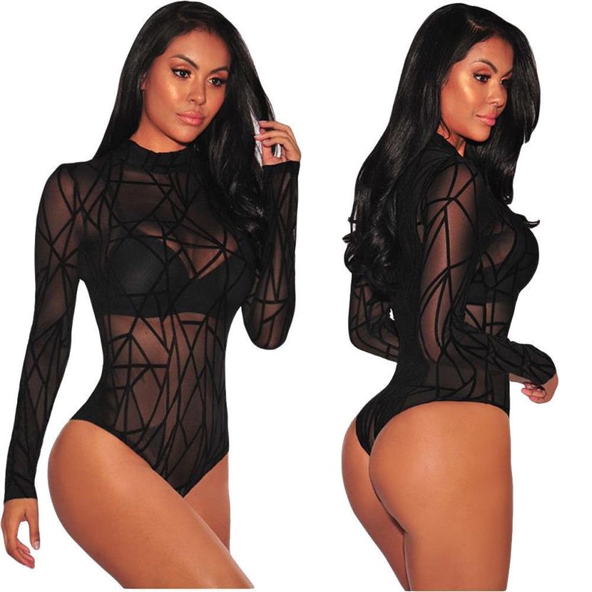 High Neck Long Sleeve Geometric Stretch Bodysuit Pajamas Soft Fabric Comfortable Fit Stylish Des