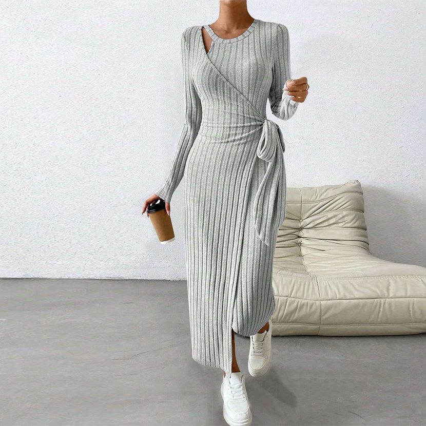 Knitted Grey Dress Irregular Hem Long Silhouette Autumn Winter Style Wholesale Womens Fashion Ap