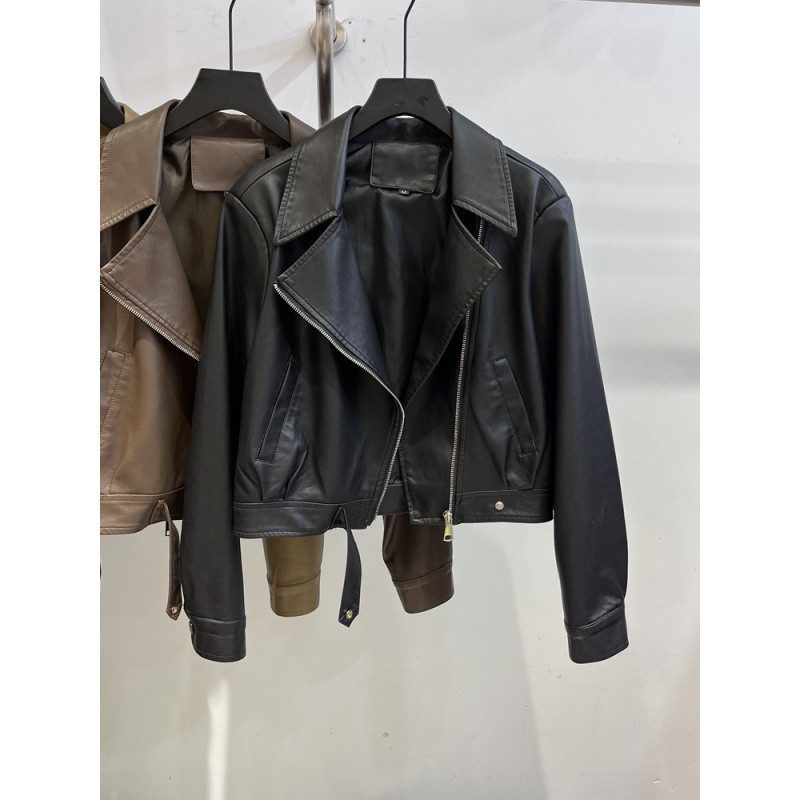 Brown Short Motorcycle Jacket for Women Stylish Fit with Long Sleeves Casual Wear for Fall