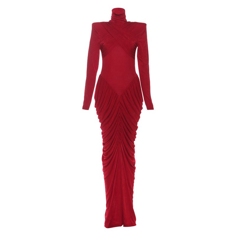 High Neck Long Sleeve Bodycon Dress Solid Color Ruched Design Backless Fashionable for Autumn Wi
