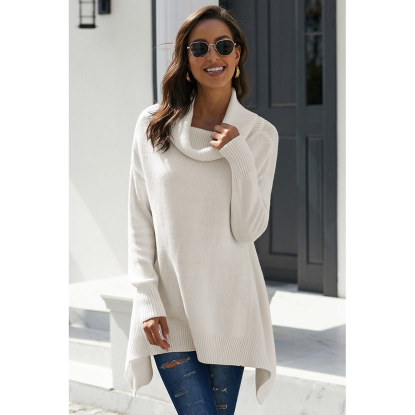 Womens Turtleneck Shawl Sweater Winter Long Length Asymmetrical Design Solid Color Casual Wear W
